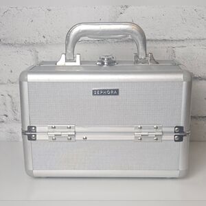 Sephora Silver Makeup Train Case Organizer Hard Shell Storage